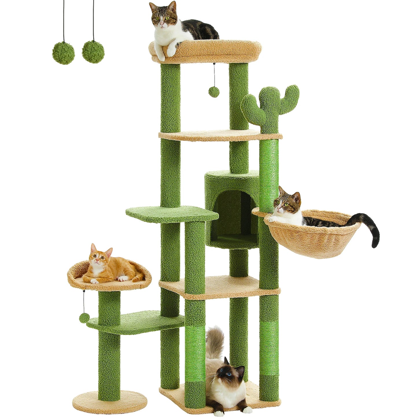 Tall Cat Tree for Large Cat Multi-Level Cactus Cat Tower for Indoor Cats Cat Condo with Large Hammock Scratching Post  2 Perches
