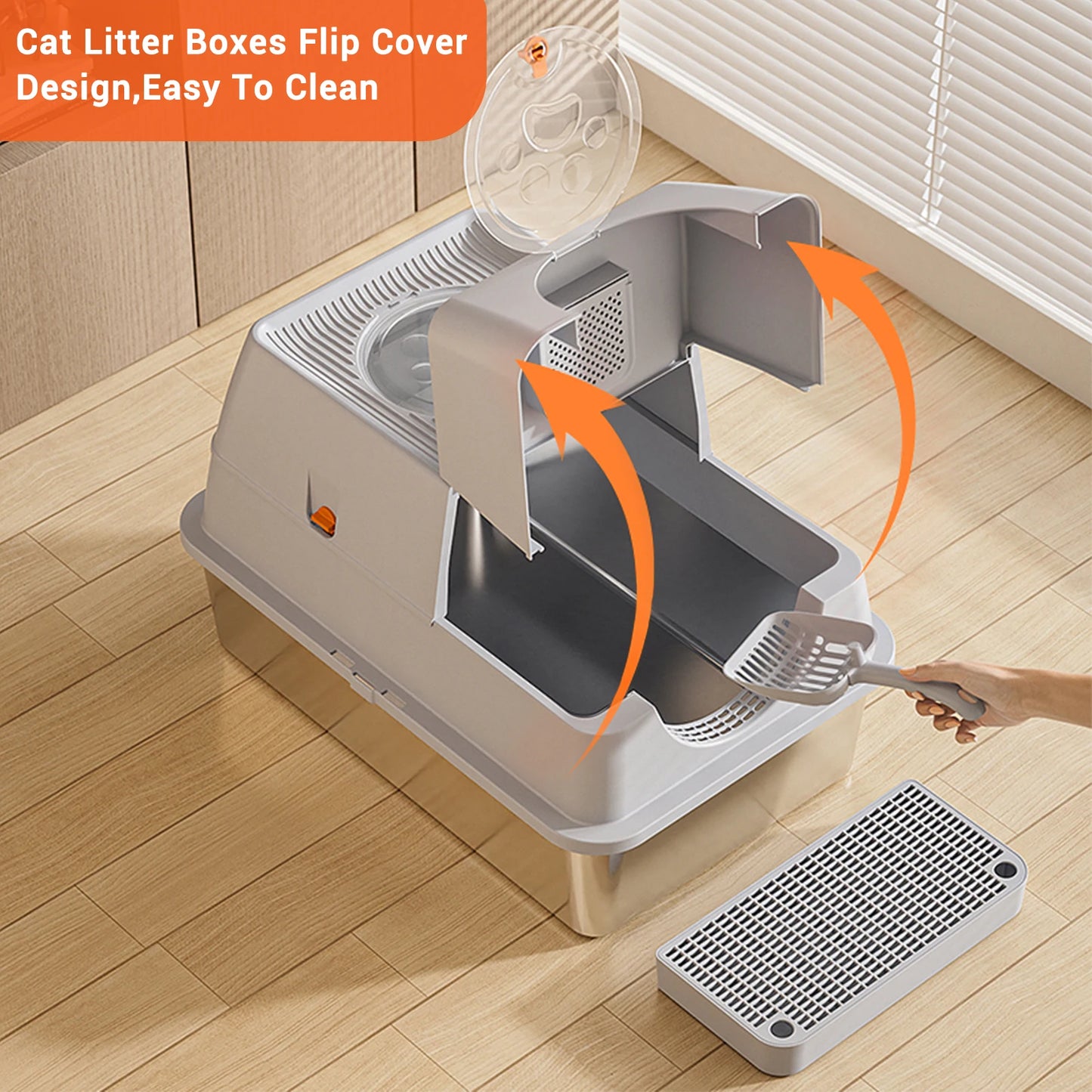 Stainless Steel Cat Litter Box, High Sided Enclosure Cat Toilet With Lid, Front And Top Door, Sand Filter Pedal & Litter Scoop