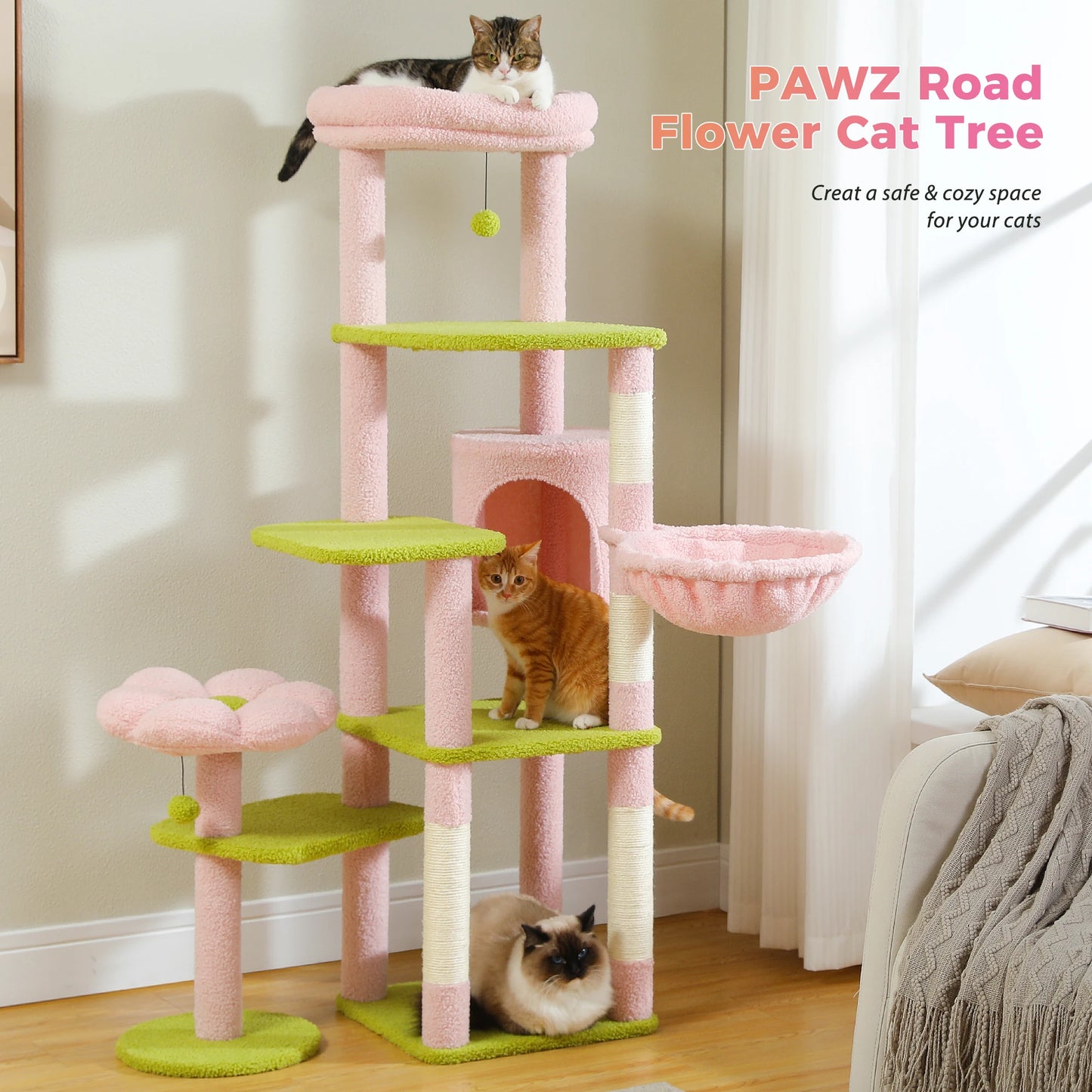 Stable Cat Tree Tower with Anti-Toppling Device,Cozy Detachable Top Bed,Cute Round Cat Condo,Large Hammock,Replaceable Pompoms