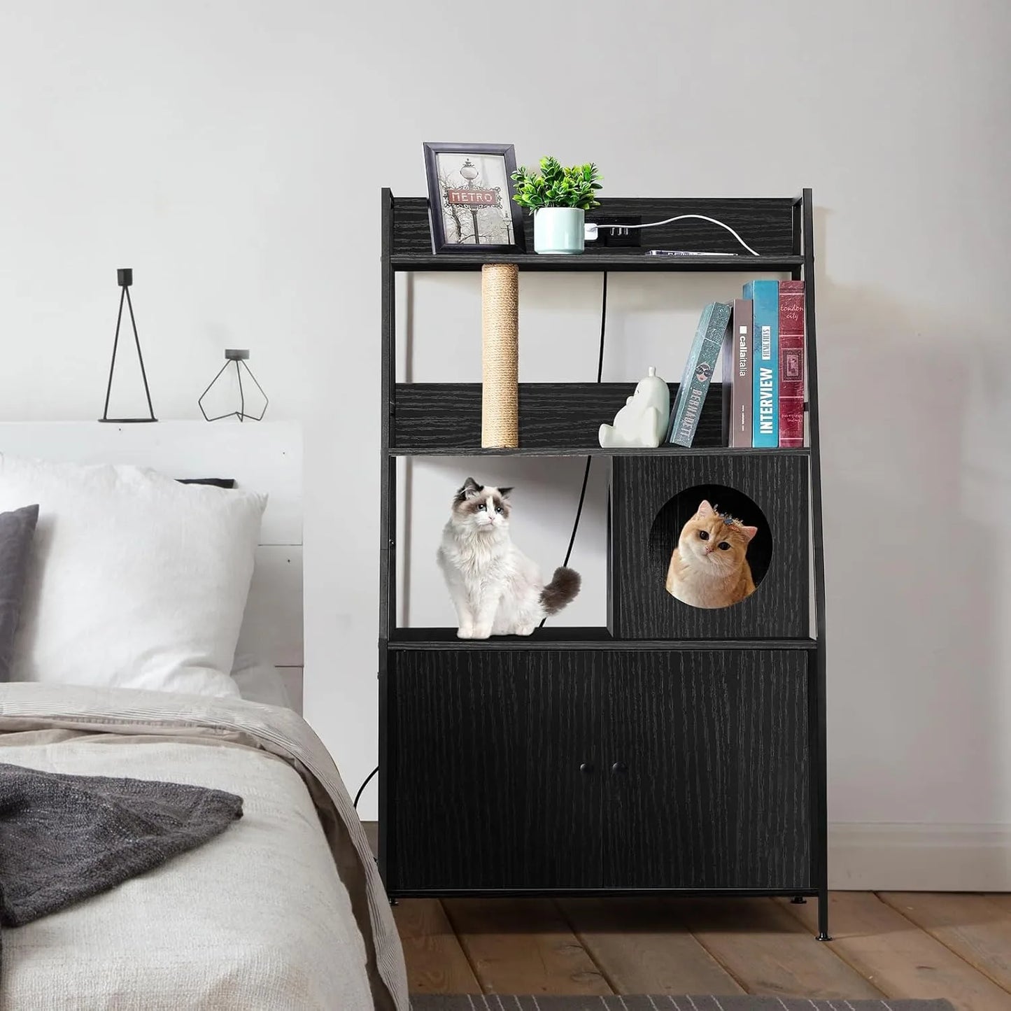 Cat Litter Box Enclosure w/Charging Station & Shelves - Tall Hidden Furniture Universal Fit Indoor, Storage Cabinet (Black)