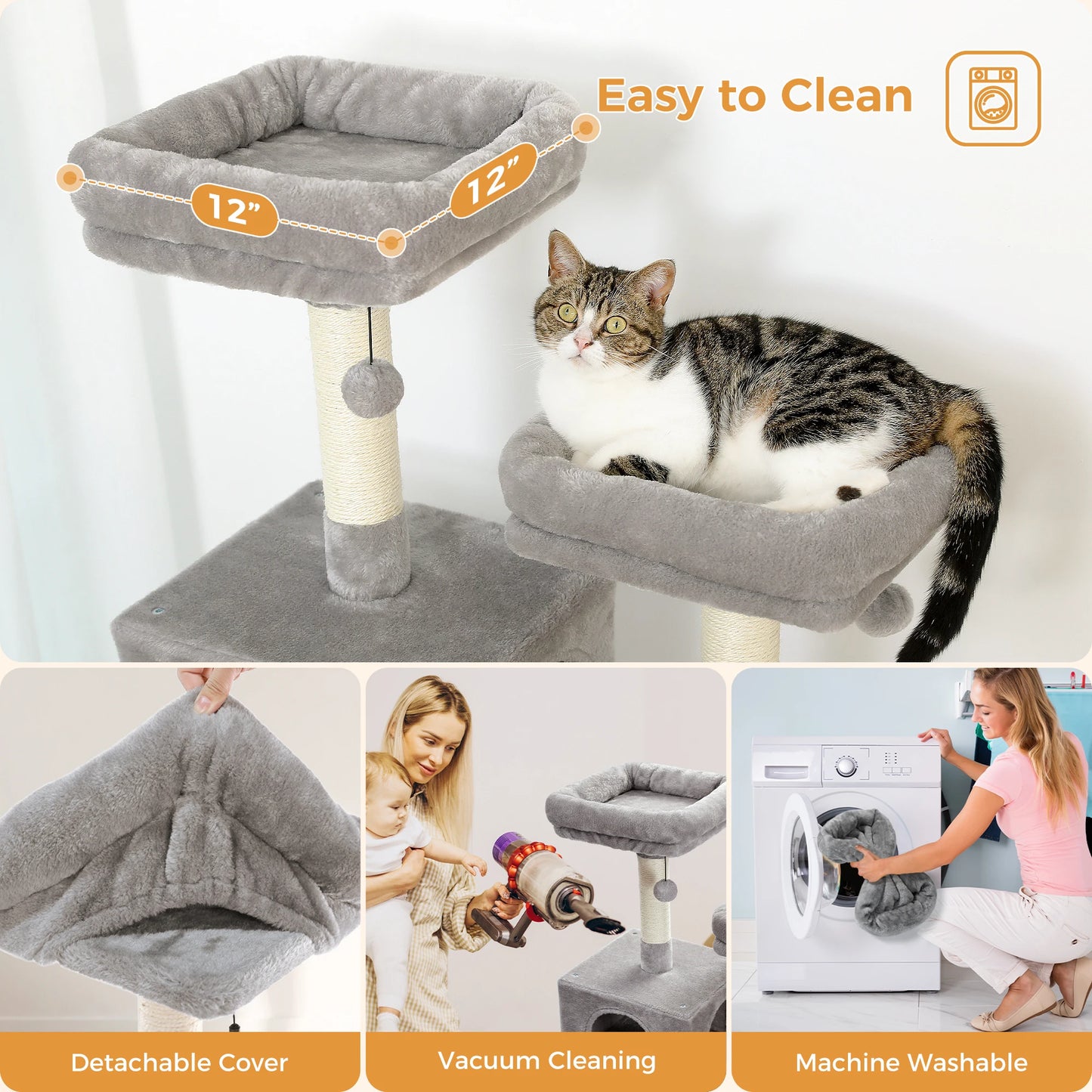 Large Cat Tree Tower for Indoor Cats With Sisal-Covered Scratching Posts Spacious Hammock Padded Perches and Condos Grey