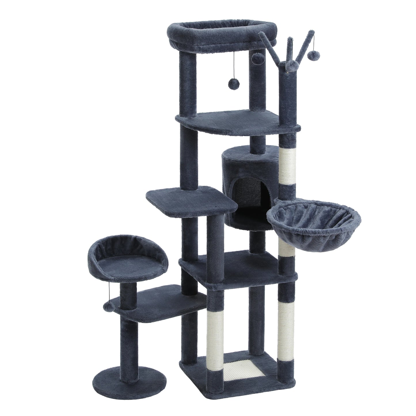 Stable Cat Tree Tower with Anti-Toppling Device,Cozy Detachable Top Bed,Cute Round Cat Condo,Large Hammock,Replaceable Pompoms