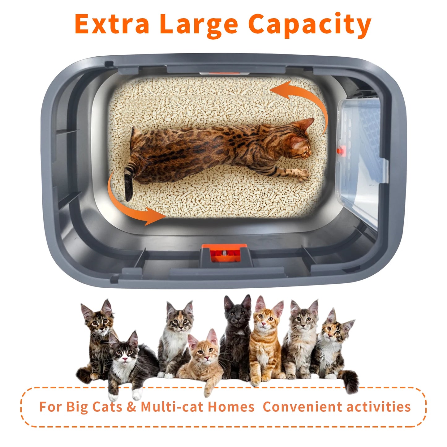 Extra Large Stainless Steel Cat Litter Box Full Enclosed Cat Litter Tray Pan High Sided Enclosure Removable Lid with Scoop