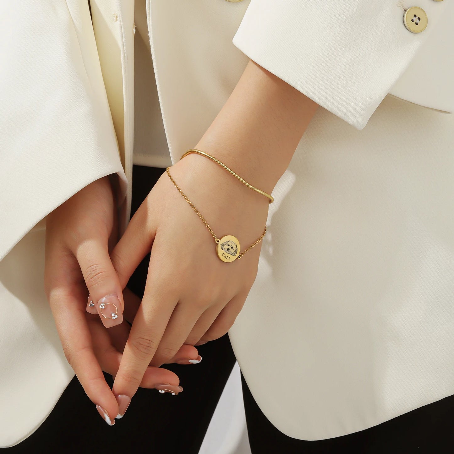 Custom Pet Portrait Bracelet Personalized Double Chain Bracelet Round Pendant Women Jewelry For Mom Gift Pet Memorial Gifts