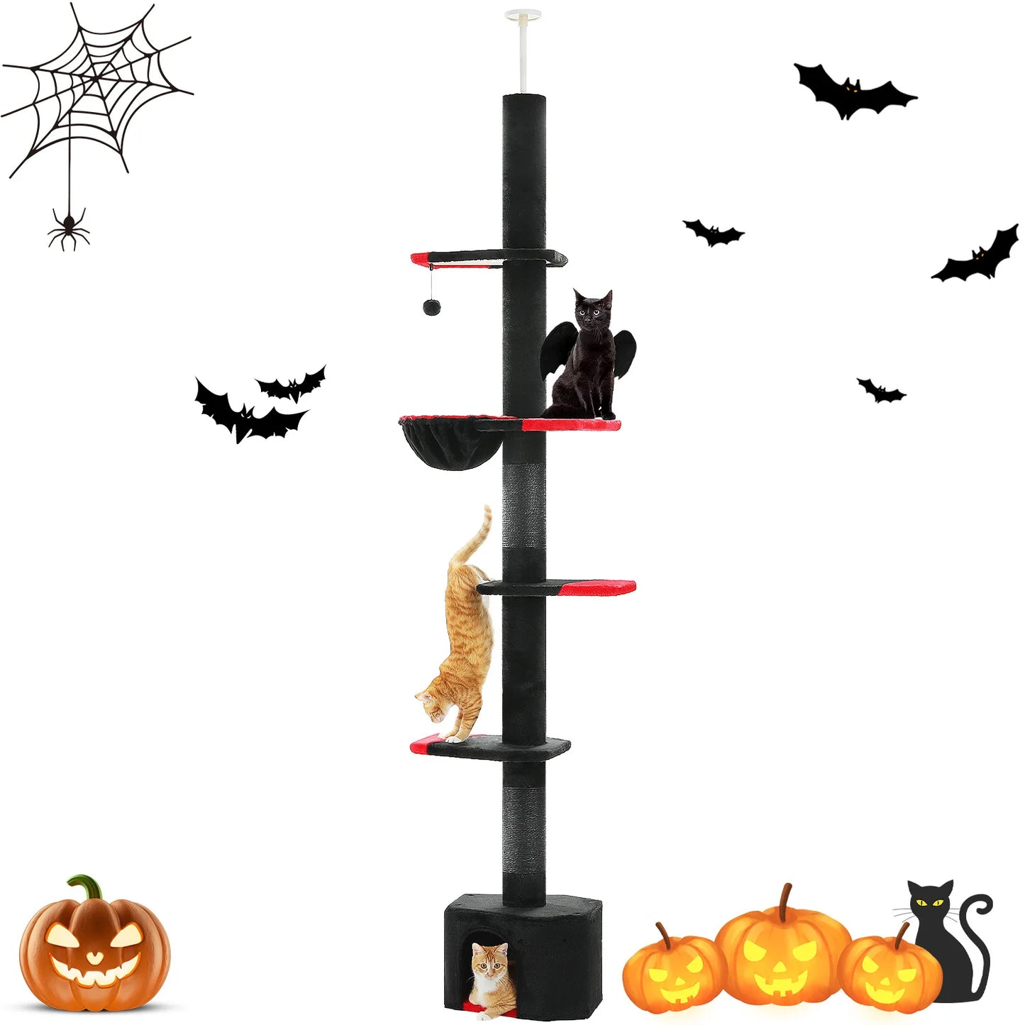 5-Tier Floor to Ceiling Cat Tree Tower Cactus Tall Climbing Tree with Scratching Post Hammock Dangling Ball for Indoor Cats