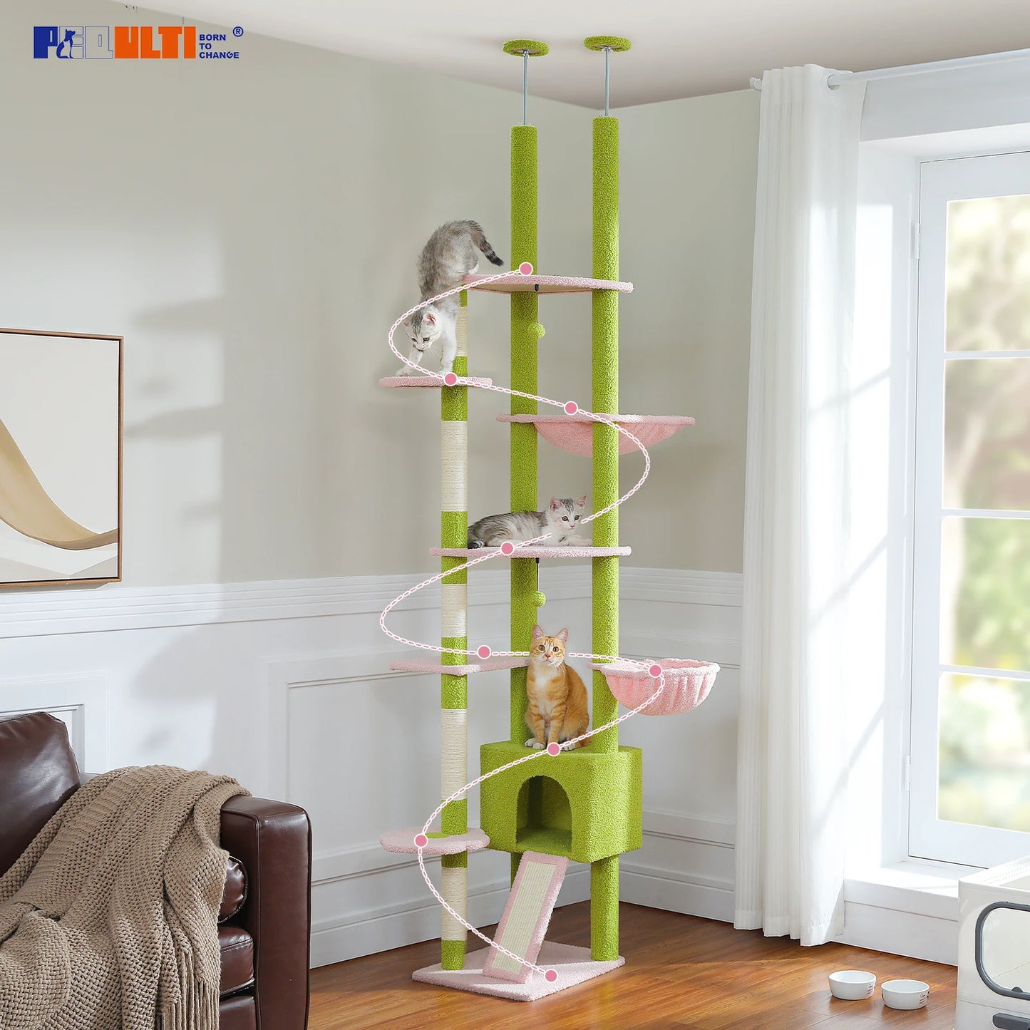 Adjustable 230-252cm Cat Tree, Floor to Ceiling Cat Condo, Hanging Ball,5 Scratching Posts,Hammock, Ample Resting Place for Cats