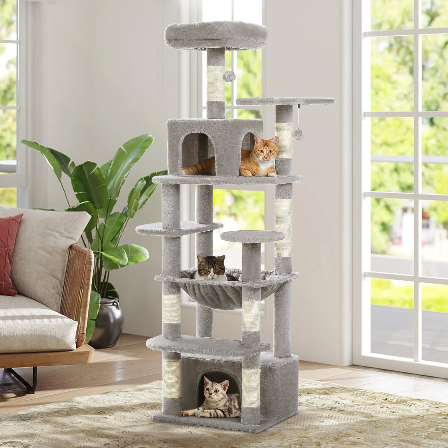 Tall Cat Tree with Scratching Posts Spacious Hammocks Large Condos Large Cat Tower for Indoor Cat Scratcher Cat Toys Accessories