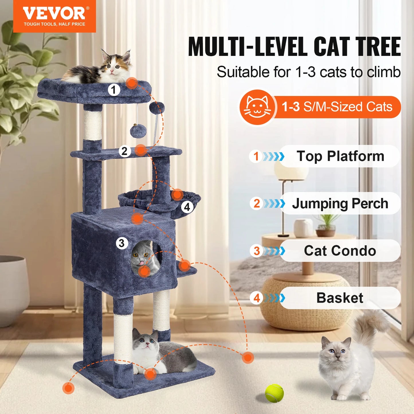 SucceBuy Cat Tree for Indoor Cats 45.2"  Tower with Cat Condo Sisal Scratching Post HammockTop Perch Jumping Platforms Dark Grey