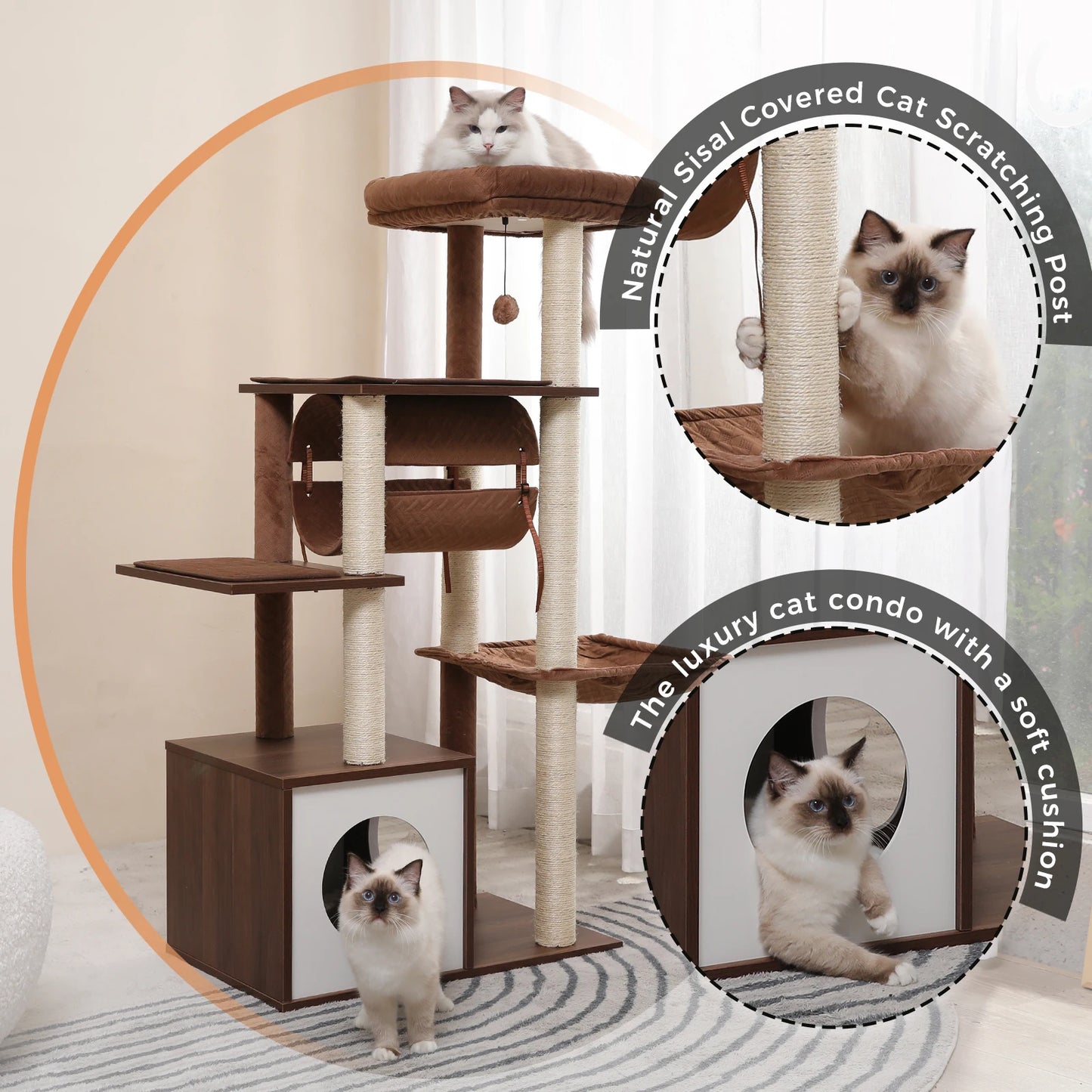 Modern Cat Tree for Indoor Cats Wooden Cat Tower with Sisal Covered Scratching Posts Cozy Condo Hammock Swing Tunnel Cat Toys