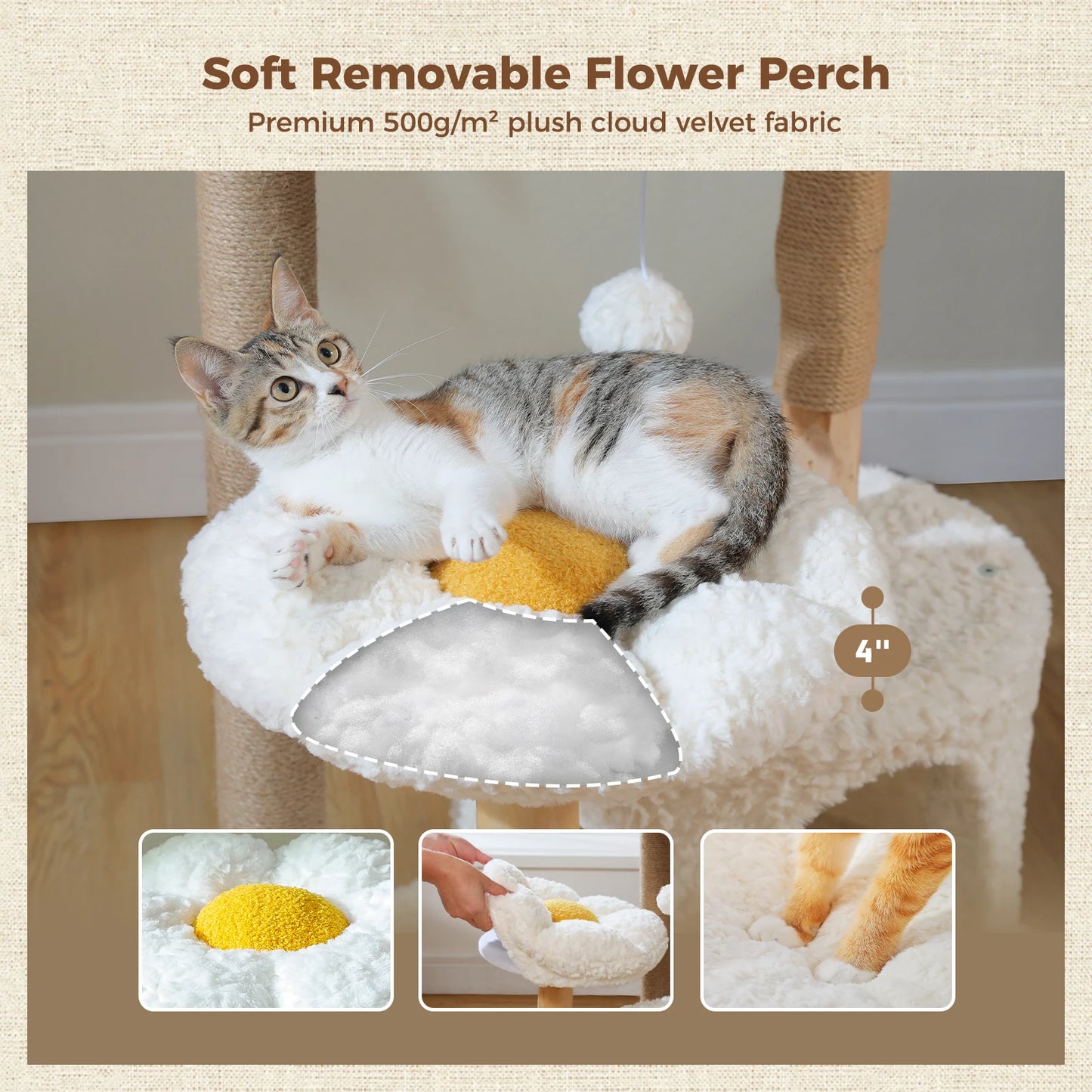 Modern Cat Tree for Indoor Cats Solid Wood Cat Tower with Luxury Cat Condo Cozy Hammock Scratching Post Flower Cat Bed Cat Toys