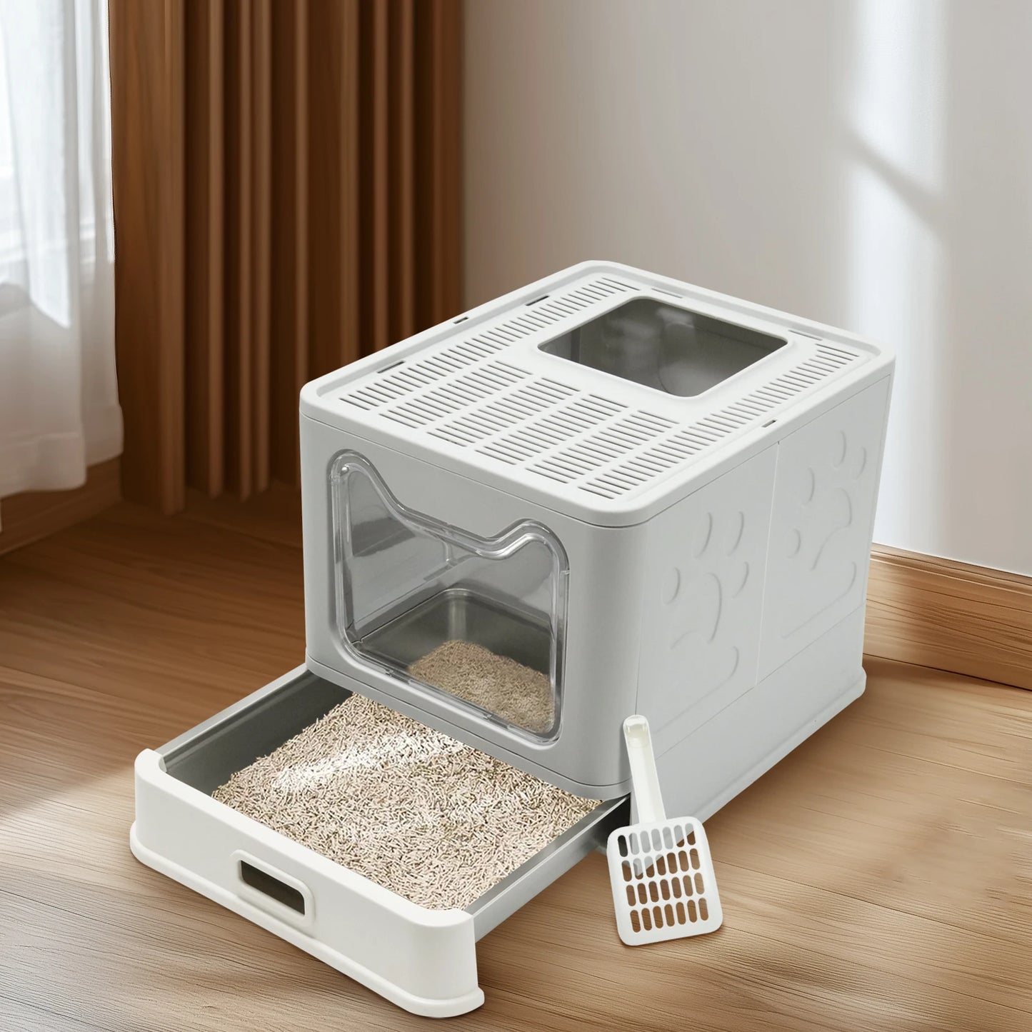 4-Style Cat Litter Box with Lid Large Kitty Litter Box Enclosed with High Sided Enclosure Scoop Non-Sticky