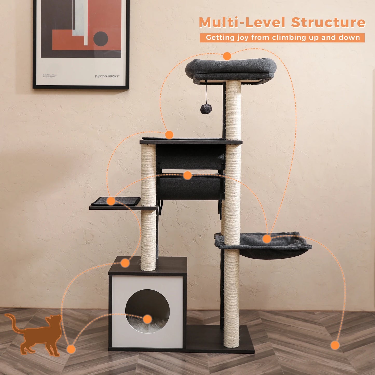 Modern Cat Tree for Indoor Cats Wooden Cat Tower with Sisal Covered Scratching Posts Cozy Condo Hammock Swing Tunnel Cat Toys