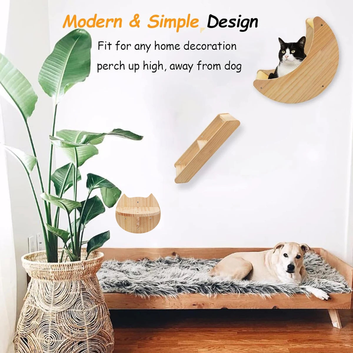 Cat Shelf Wall Hammock Climbing Shelves Moon Shaped And Perches Ladder Solid Wood Steps For Activity Indoor Cats Wall Furniture