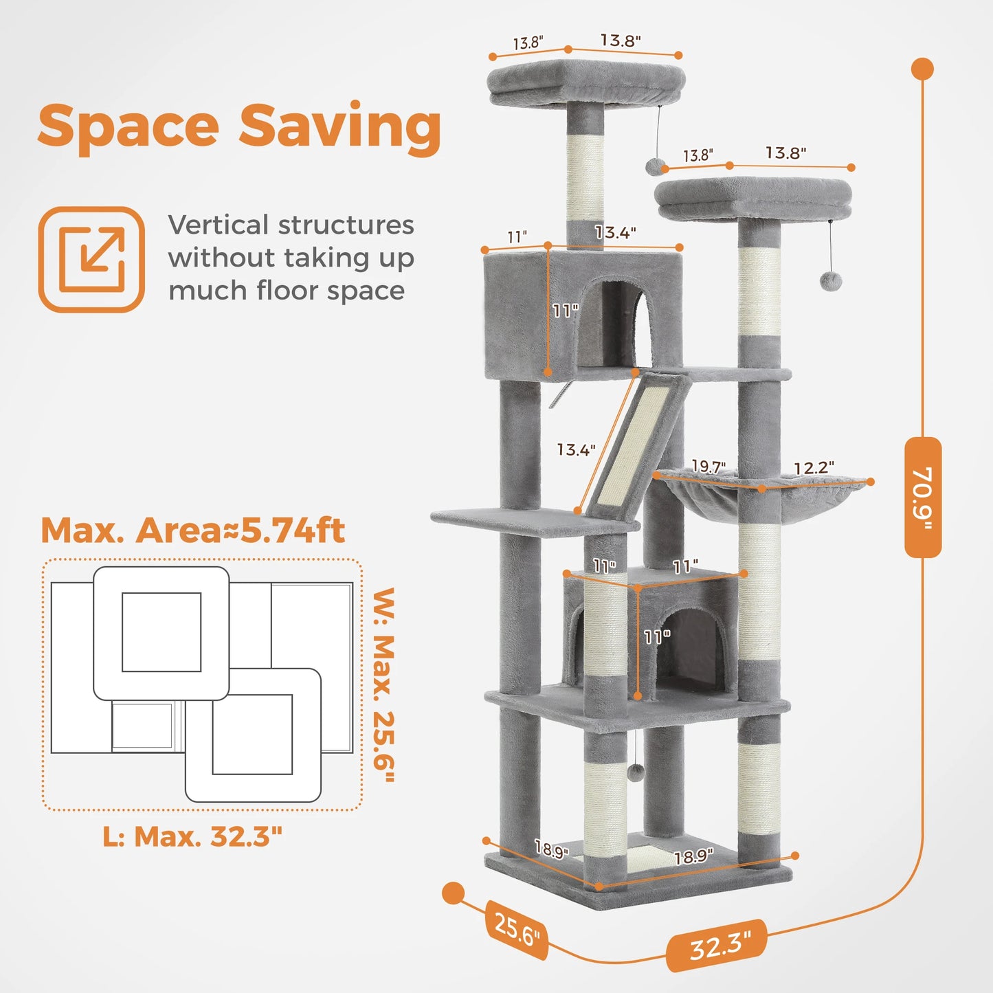 Stable&Safe Cat Tree Multi-Level Cat Tower with Spacious Hammock&Top Perches,Comfortable Condo Perfect for Indoor Cats,Cat Toy