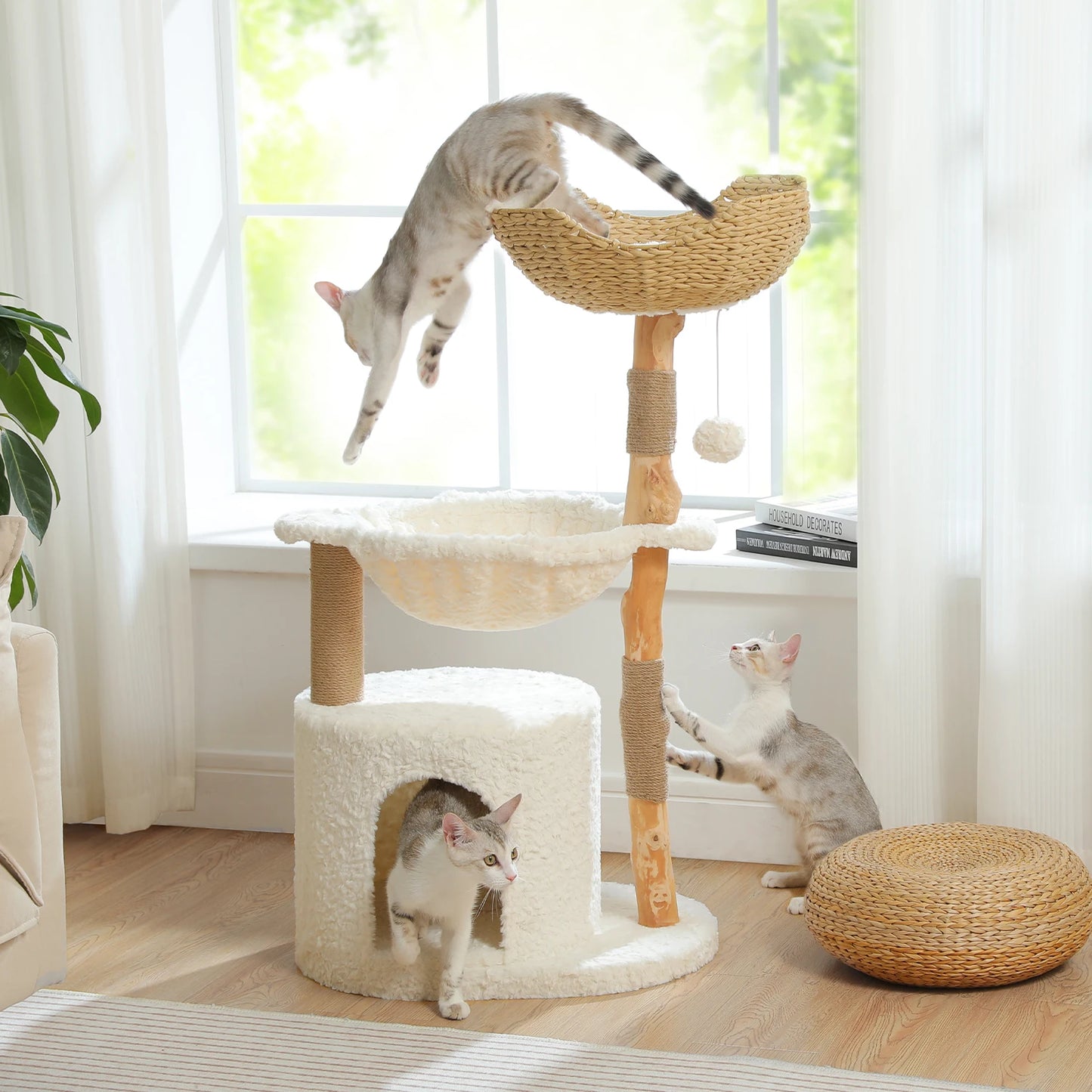 Solid Wood Cat Tree Modern Cat Tower with Spacious Cat Condo,Flower Perches,Fun Pompom,Double Comfort Perfect for Indoor Kittes