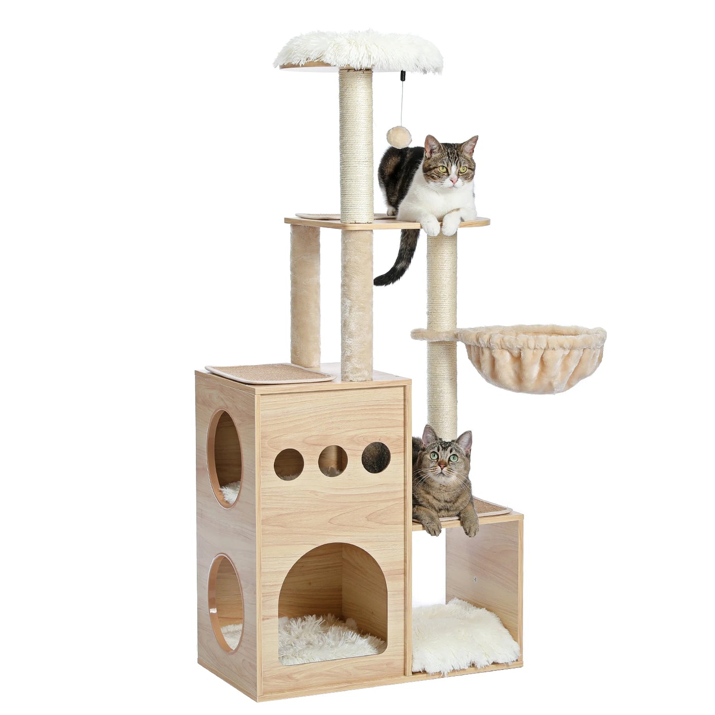 Wood Cat Tree with Sisal Scratching Posts, Large Top Perch, Deep Hammock, Cozy Cat Condo for Indoor, Multi-Level Cat Tower House