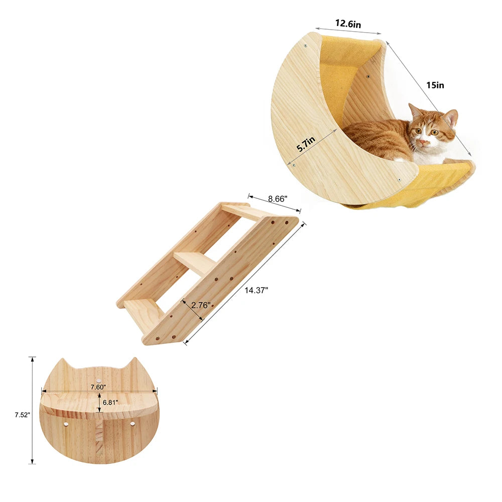 Cat Shelf Wall Hammock Climbing Shelves Moon Shaped And Perches Ladder Solid Wood Steps For Activity Indoor Cats Wall Furniture