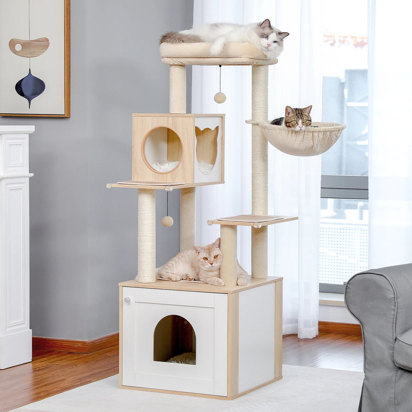 Wood Cat Tree with Storage Cabinet Sisal Scratching Post Cozy Cat Condo Soft Hammock Large Cat Tower for Indoor Cat Accessories