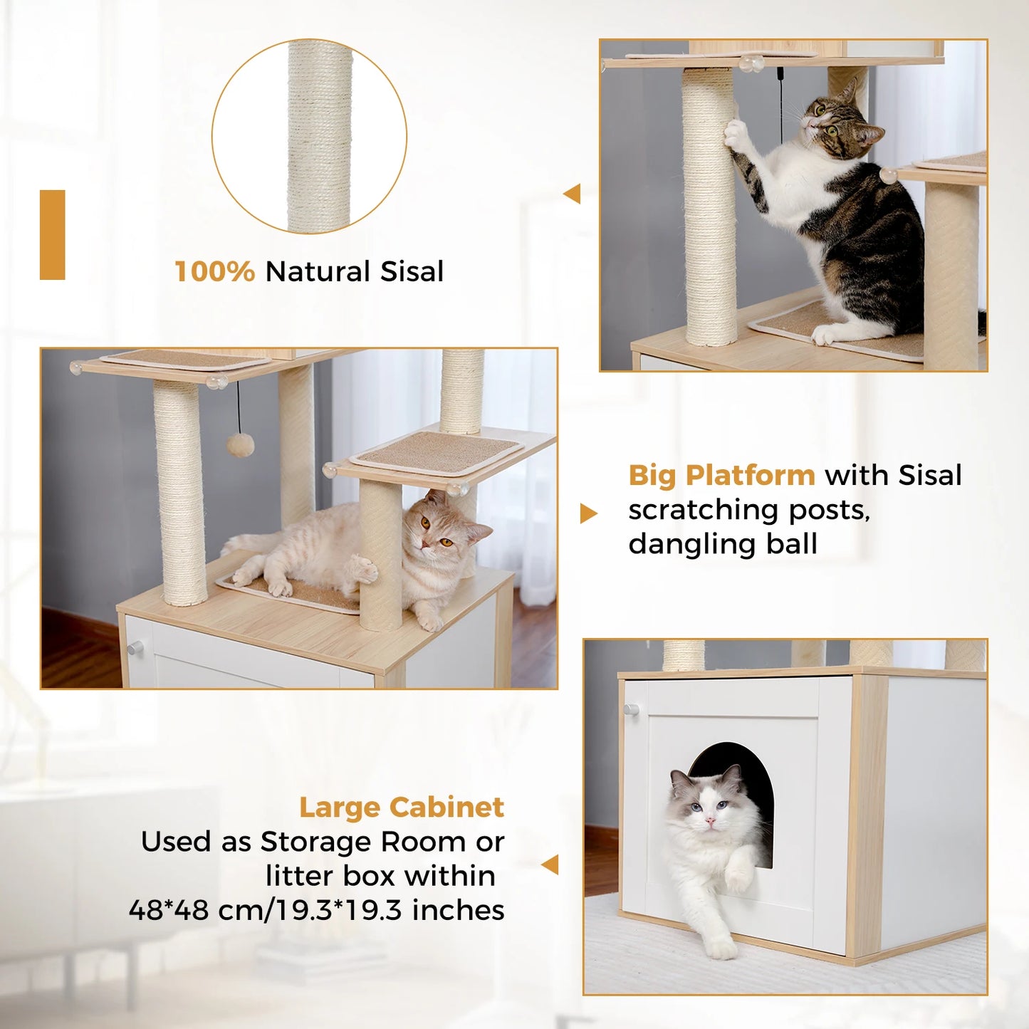 Cat Tree with Litter Box Enclosure Large Wood Cat Tower with Storage Cabinet and Cozy Cat Condo Sisal Covered Scratching Post