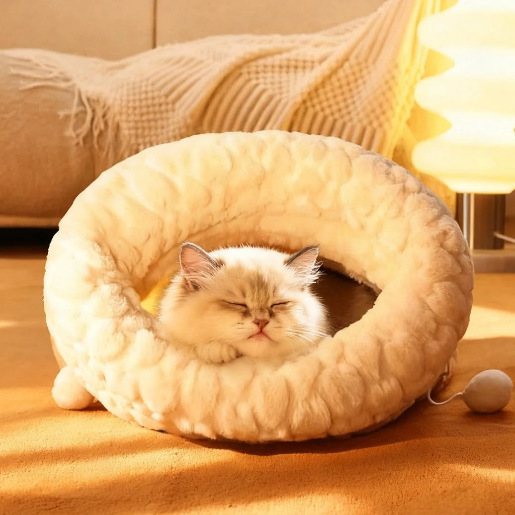 Cozy Cave Cat Sleeping Bag: Winter Warm Semi-Enclosed Pet Bed with Security Hood - Self-Warming Fluff Pocket for Anxious Cats