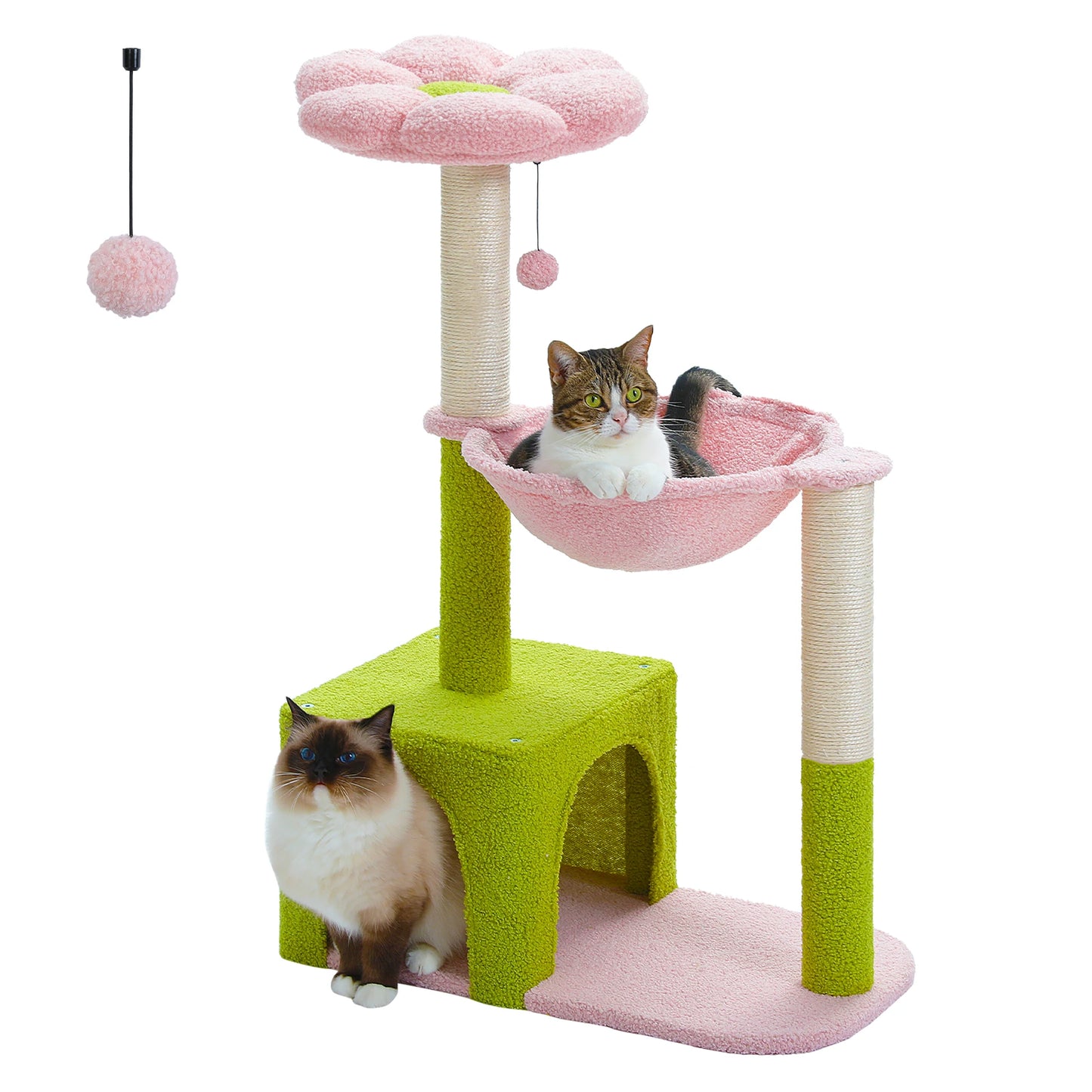 Flower Cat Tree with Large Metal Frame Hammock Cute Cat Tower with Sisal Scratching Posts for Small Indoor Cats with Pink Perch