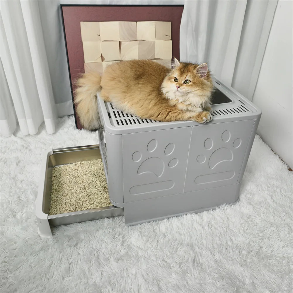 Enclosed Stainless Steel Cat Litter Box with Lid Scoop Large Litter Box Covered Top Entry Litter Pan High Sided Easy Cleaning