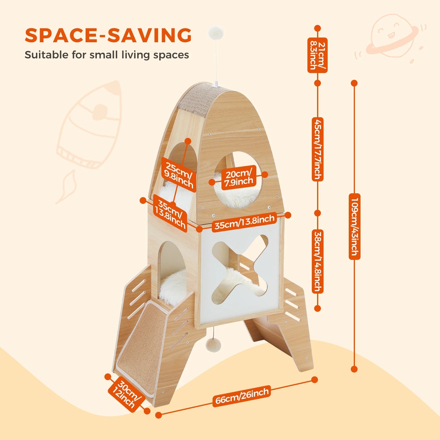 Modern Cat Tree Rocket Shape, Wooden Cat Tower Tree for Indoor Cats with Two Cat Playhouse and Two Condos Dangling Balls