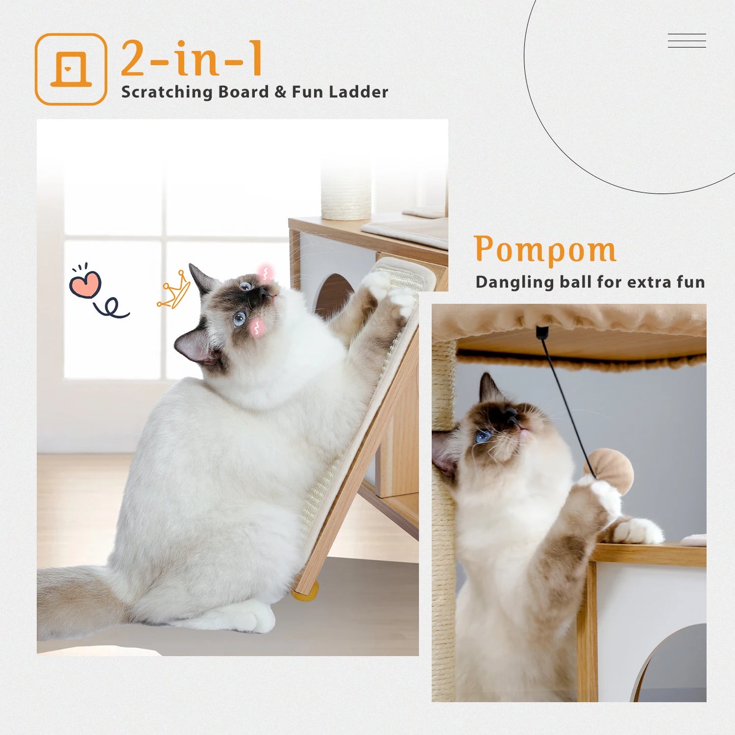 Wooden Cat Tower with Double Condos Spacious Perch Fully Wrapped Scratching Sisal Posts and Replaceable Dangling Balls