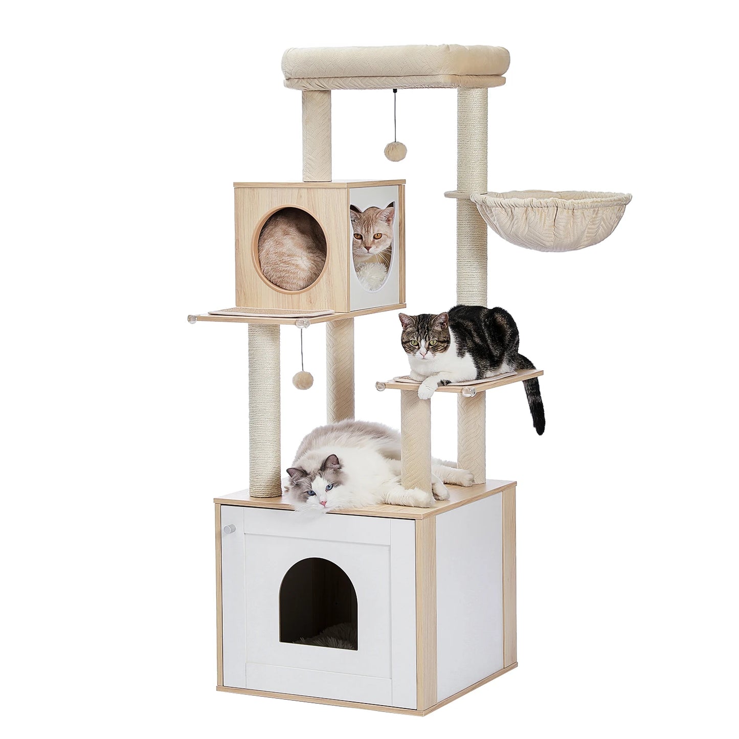 Wood Cat Tree with Storage Cabinet Sisal Scratching Post Cozy Cat Condo Soft Hammock Large Cat Tower for Indoor Cat Accessories