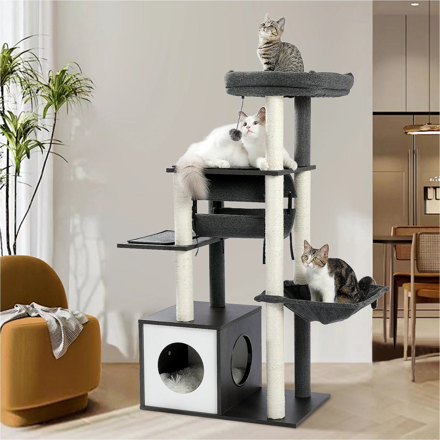 Multi-Level Wood Cat Tree with Tunnel Sisal Sctraching Post Large Condo Hammock Modern Cat Tower for Indoor Cat Accessories Toys