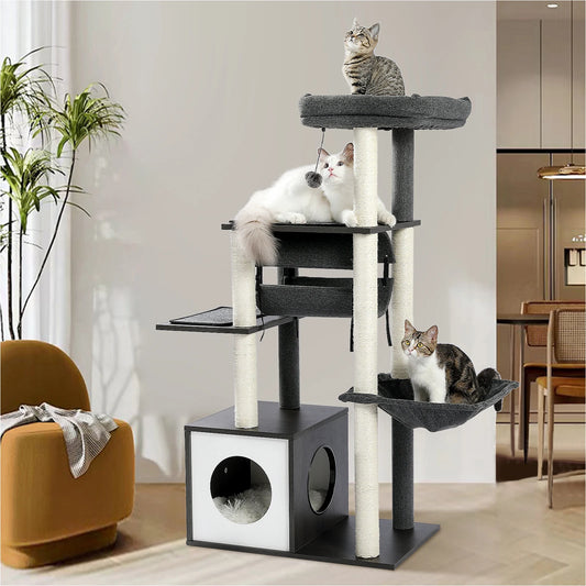 Multi-Level Wood Cat Tree with Tunnel Sisal Sctraching Post Large Condo Hammock Modern Cat Tower for Indoor Cat Accessories Toys