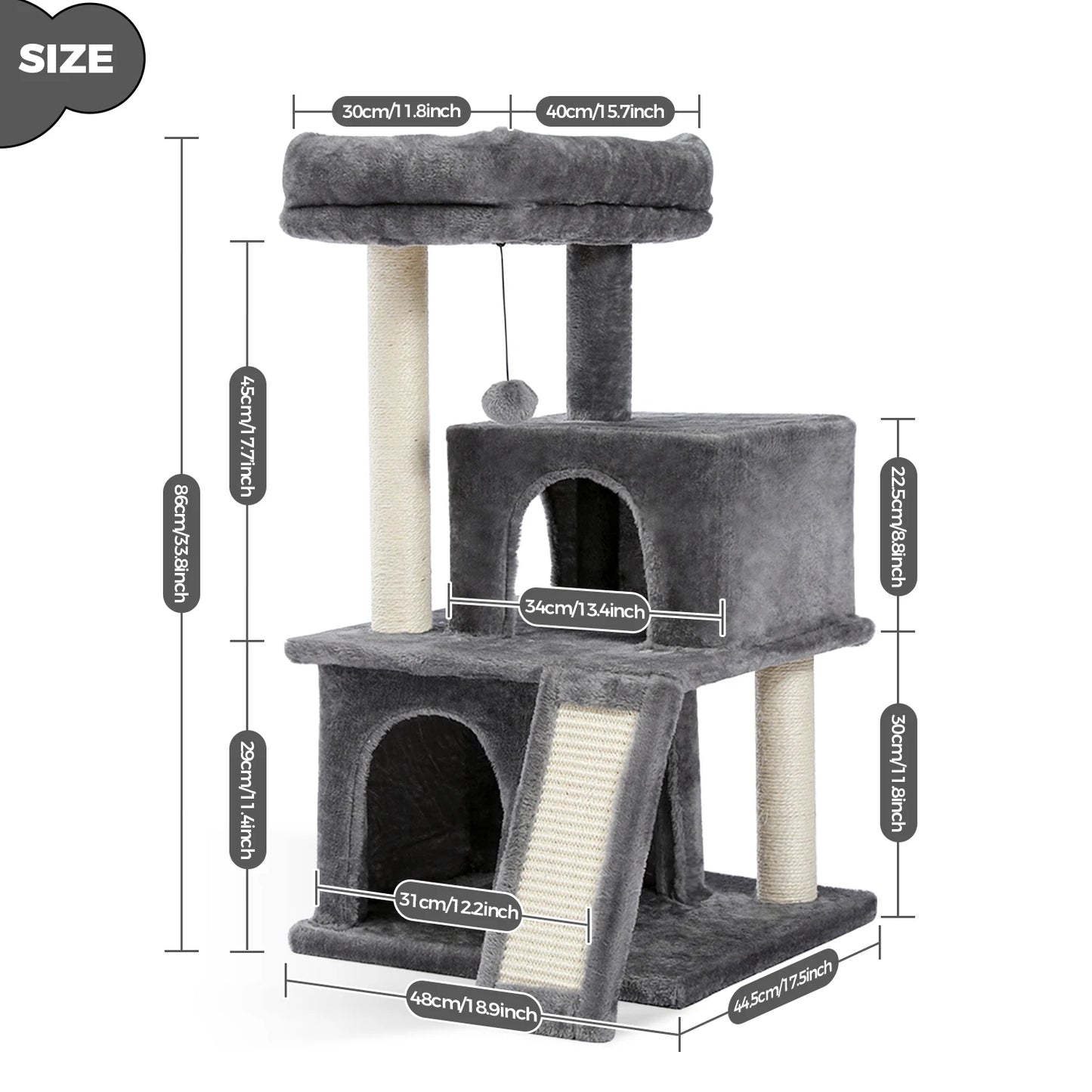 Wooden Cat Tower with Double Condos Spacious Perch Fully Wrapped Scratching Sisal Posts and Replaceable Dangling Balls