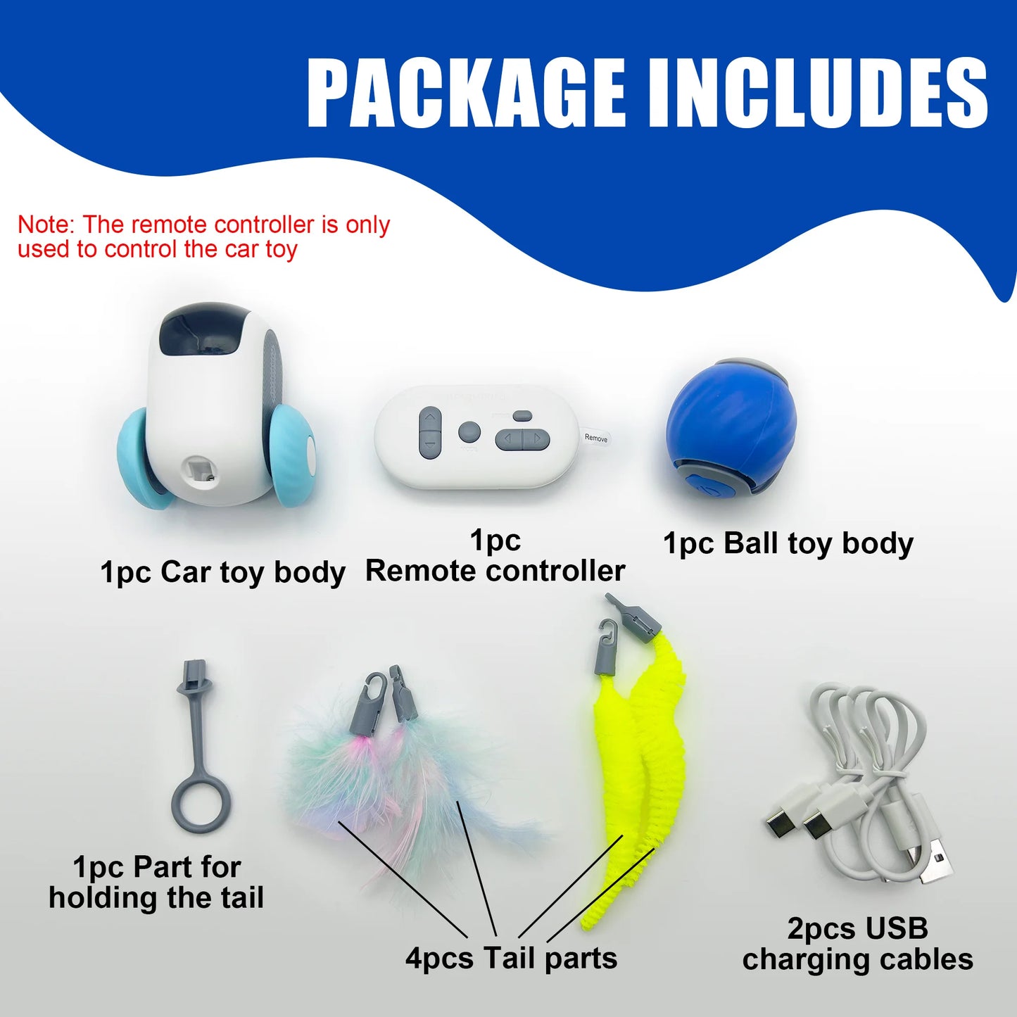 1pc Interactive Automatic Remote Control Cat Mice Car Toy and 1pc Smart Electric Moving Speedy Cat Ball Toy with Feather Tail