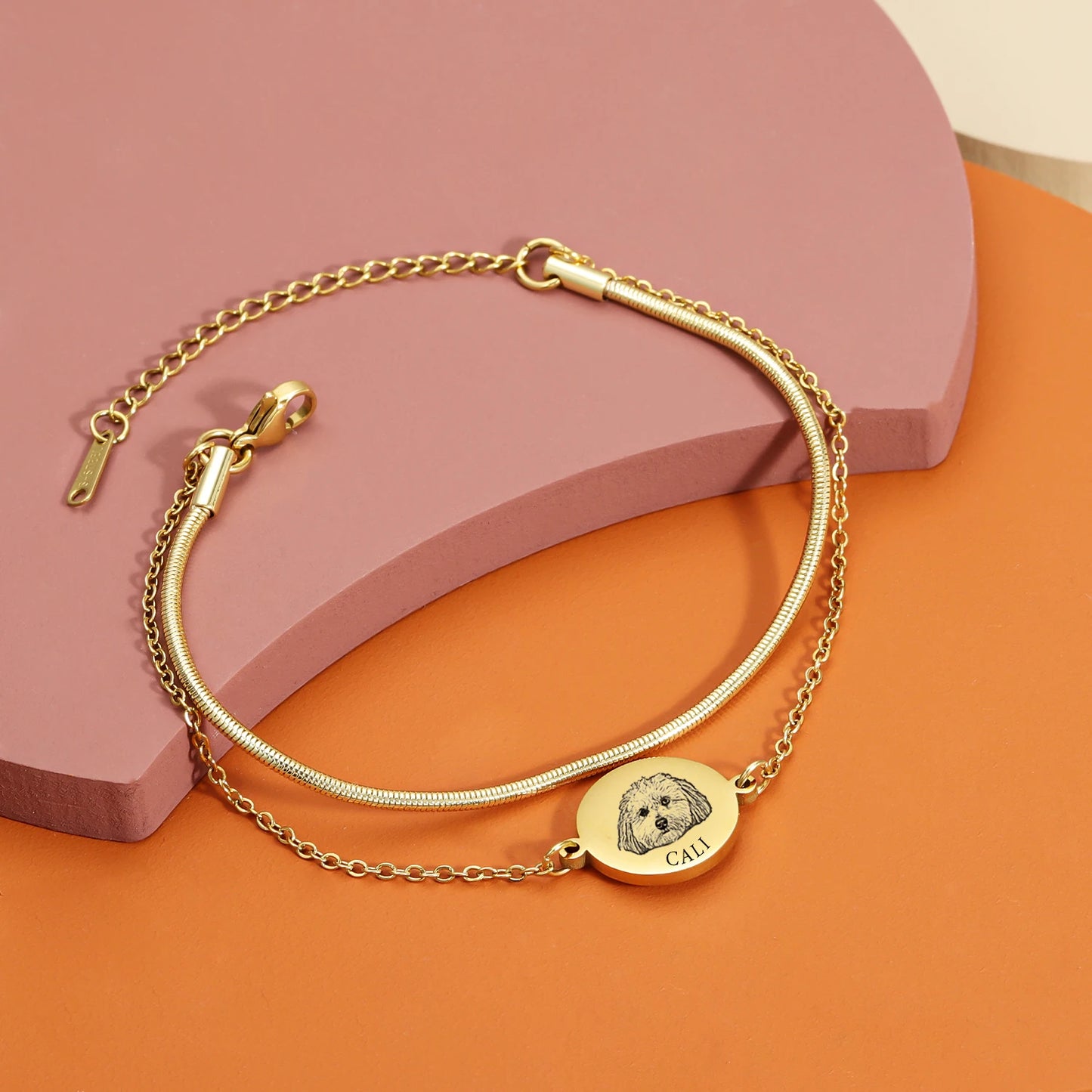 Custom Pet Portrait Bracelet Personalized Double Chain Bracelet Round Pendant Women Jewelry For Mom Gift Pet Memorial Gifts