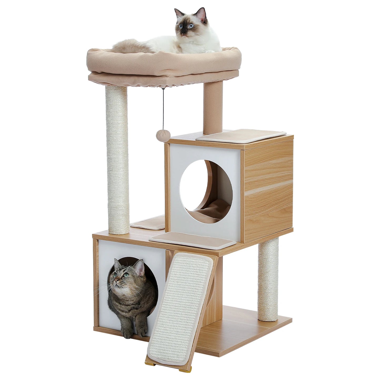 Wooden Cat Tower with Double Condos Spacious Perch Fully Wrapped Scratching Sisal Posts and Replaceable Dangling Balls