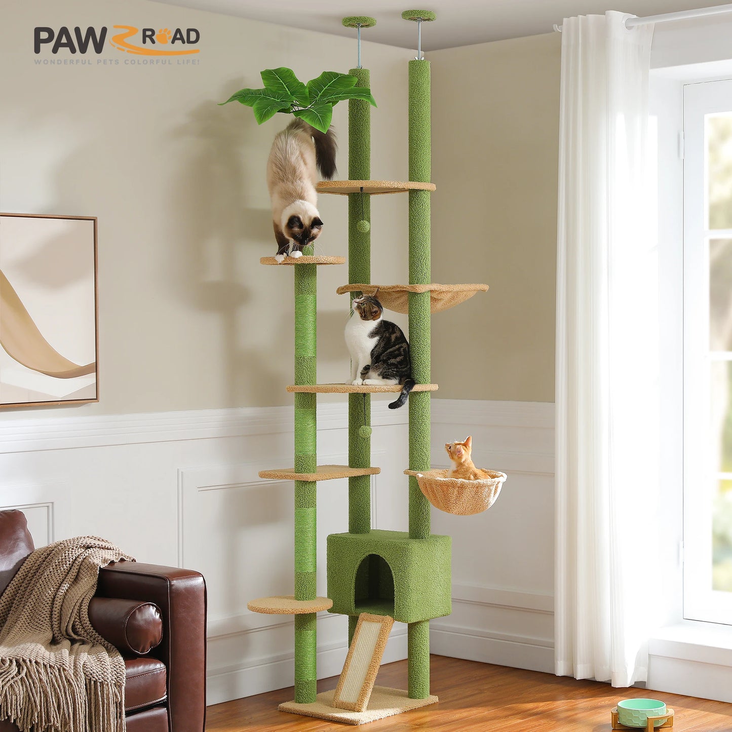 Adjustable 230-252cm Cat Tree, Floor to Ceiling Cat Condo, Hanging Ball,5 Scratching Posts,Hammock, Ample Resting Place for Cats