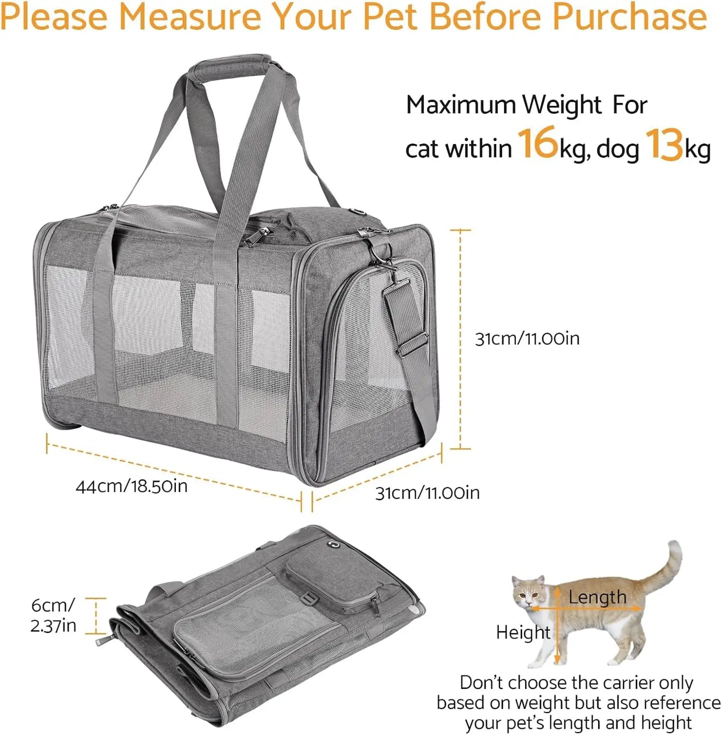 Airline Approved Pet Carrier for Cats Dogs Soft Travel Bag with Breathable Honeycomb Board,Removable Support Board for Vet