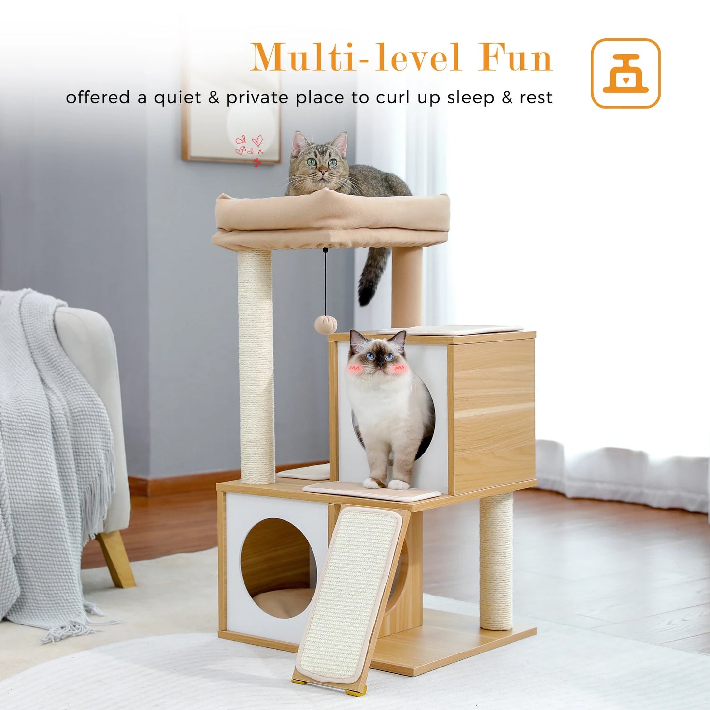 Wooden Cat Tower with Double Condos Spacious Perch Fully Wrapped Scratching Sisal Posts and Replaceable Dangling Balls