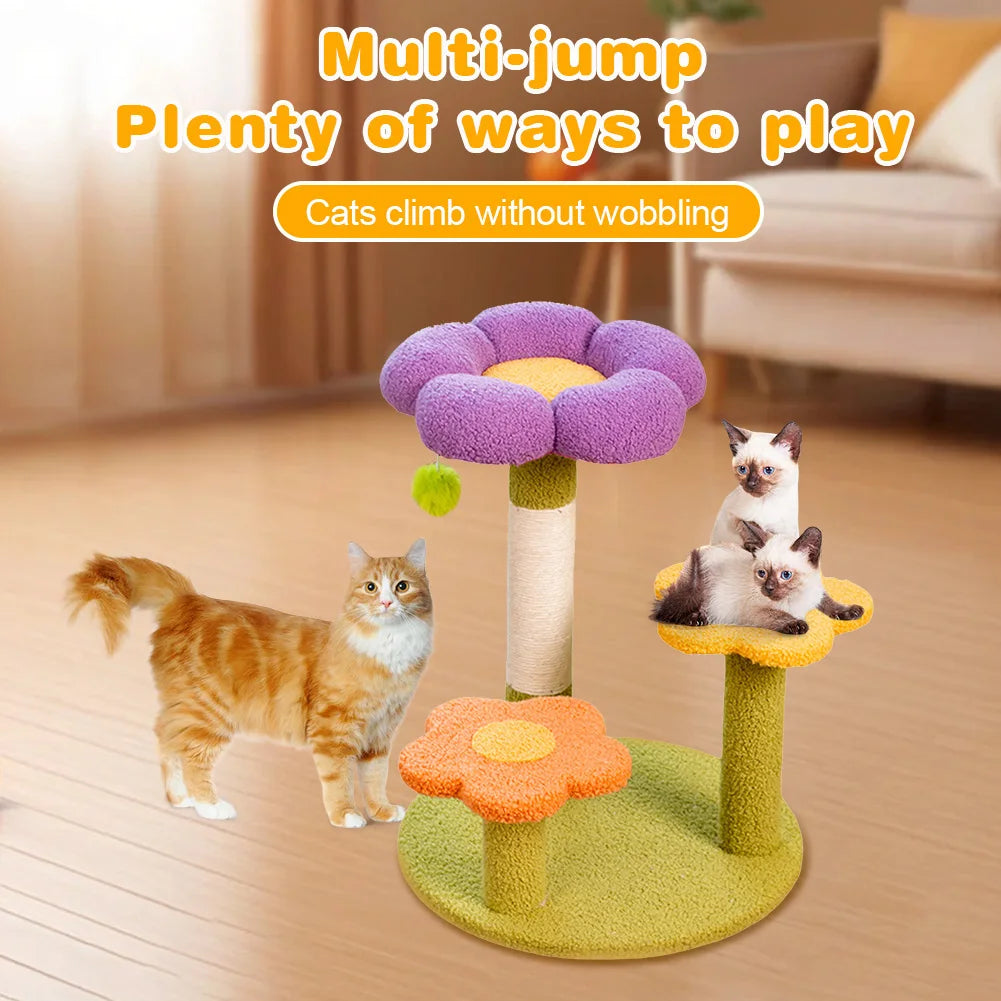 Flower Cat Tree Tower Cat Climbing Frame Sisal Wrapped Cute Cat Tree Multi-Function Interactive Cat Tower 3 Layer for Kittens