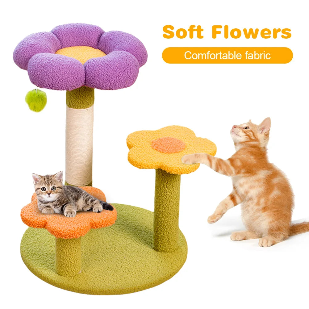 Flower Cat Tree Tower Cat Climbing Frame Sisal Wrapped Cute Cat Tree Multi-Function Interactive Cat Tower 3 Layer for Kittens