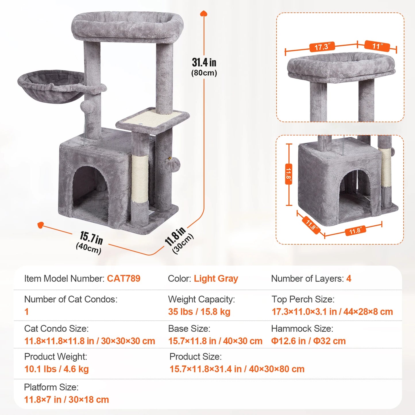 SucceBuy Cat Tree for Indoor Cats 45.2"  Tower with Cat Condo Sisal Scratching Post HammockTop Perch Jumping Platforms Dark Grey
