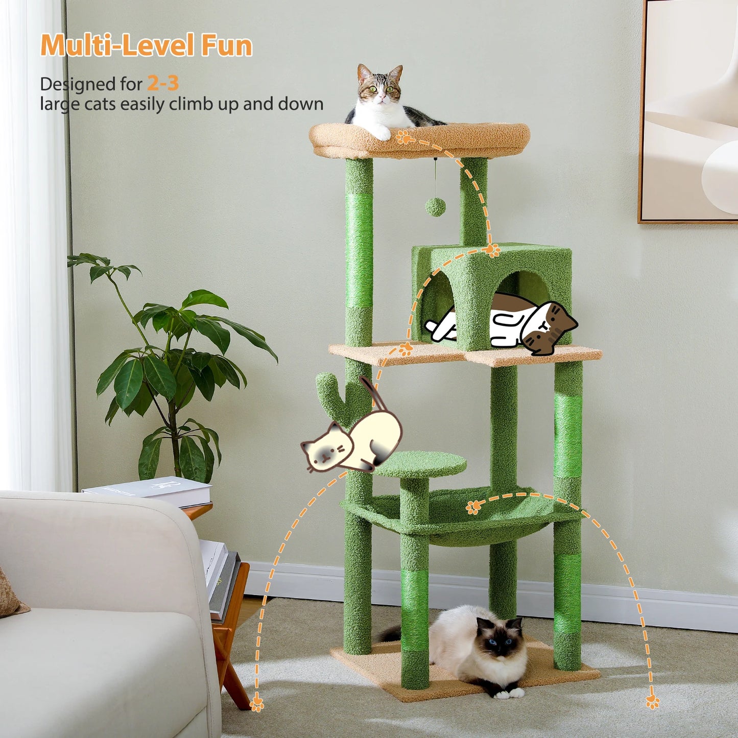 Cactus Cat Tree Tower for Large Cats with Metal Plush Big Hammock for Indoor Cats with 2 Door Condo House with Large Top Perch