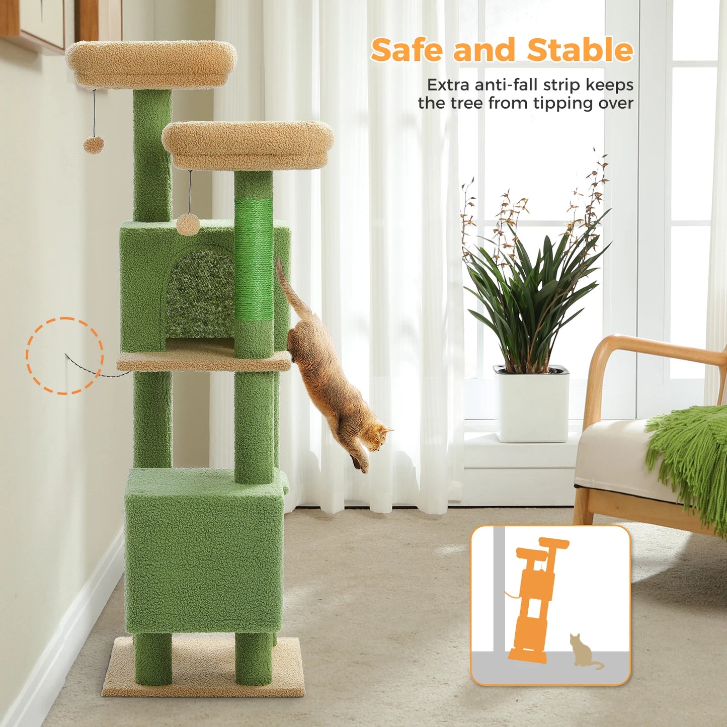 Cactus Cat Tree, 133cm Cat Tower for Indoor Cats, Cute Cat Tree with 2 Padded Perches, 2 Condos & 2 Scratching Posts