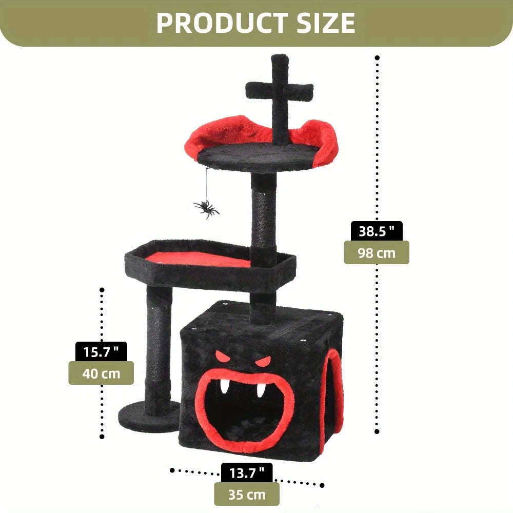 38.5" Gothic Cat Tree with Coffin Bed, Tall Halloween Cat Tower for Indoor Cats with Sisal Scratching Posts, Black