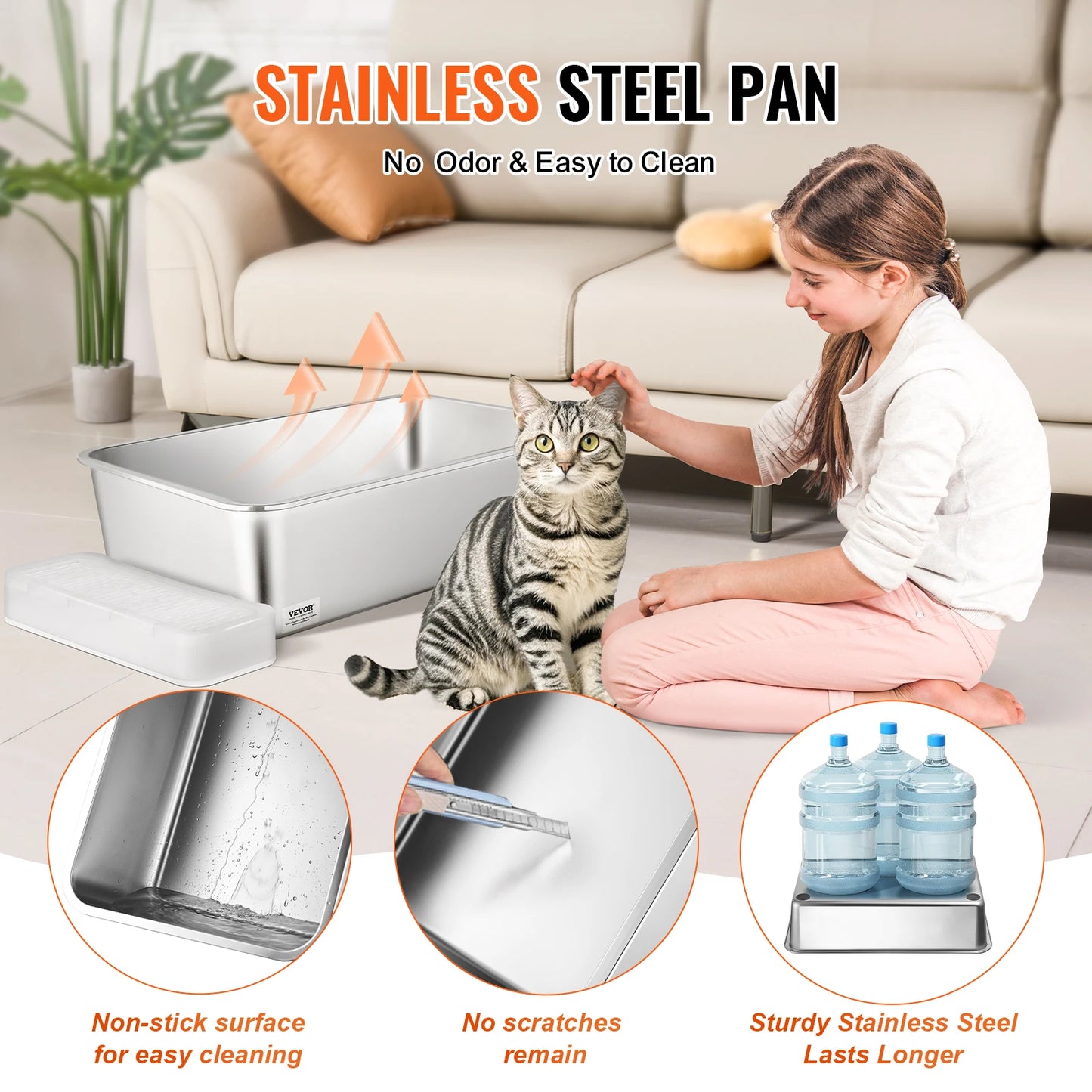 SucceBuy Cat Litter Box Large Stainless Steel Enclosed Odor-Free Cat Litter Box with Scoop Wide Filtering Foot Board for Cats