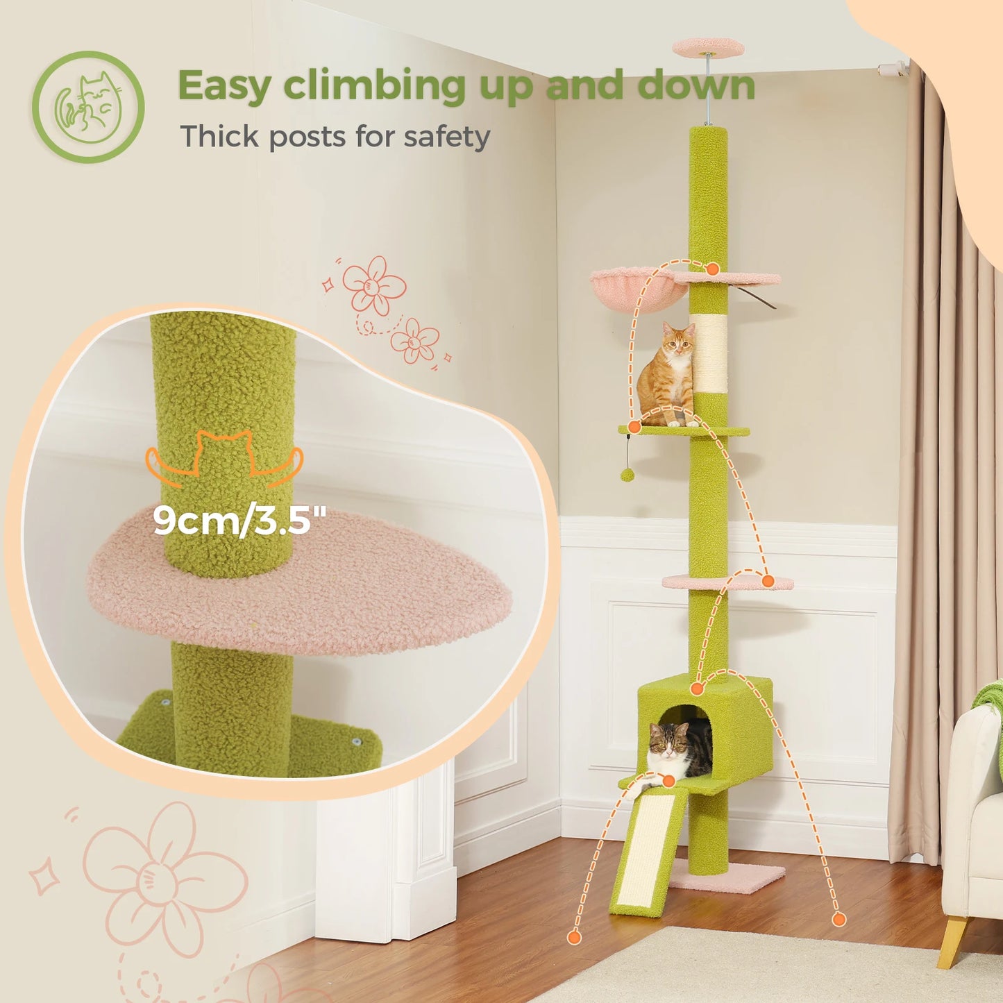 Adjustable 210-274CM Floor to Ceiling Cat Tree Tower 5 Tiers Climbing Tree for Indoor Cats with Condo Scratching Post Ladders