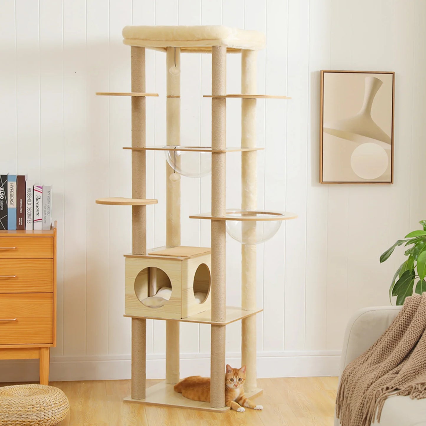 Multi-Level Cat Tree for Indoor Wood Cat Tower with Scratching Posts Spacious Condo Hammock Top Perch Cat Scratcher Cat Toys