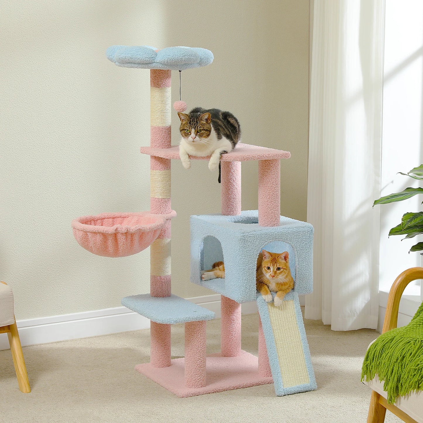 120cm Multi-Level Flower Cat Tree Tower with Sisal Scratch Posts Ramp Top Perch and Fluffy Ball for Small to Medium Indoor Cats