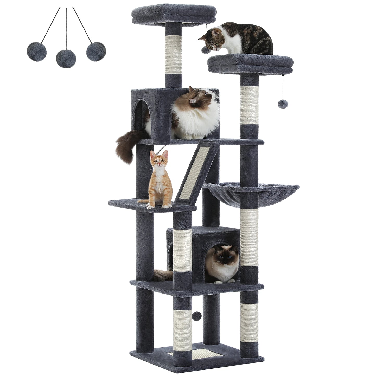 Stable&Safe Multi-Level Cat Tree Tower with Cozy Condo,Scratching Posts&Boards,Perches,Hammock,Pompoms for Active Cats,Cat Toys