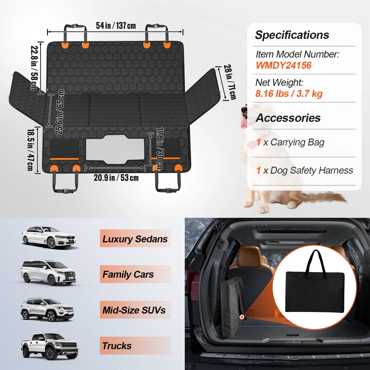 SucceBuy Back Seat Extender Dog Car Seat Cover for Back Seat Bed with Mesh Window and Storage Pocket Supports 350lbs Dog Hammock
